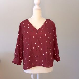 Francesca’s Maroon Button Down Polka Dot Blouse